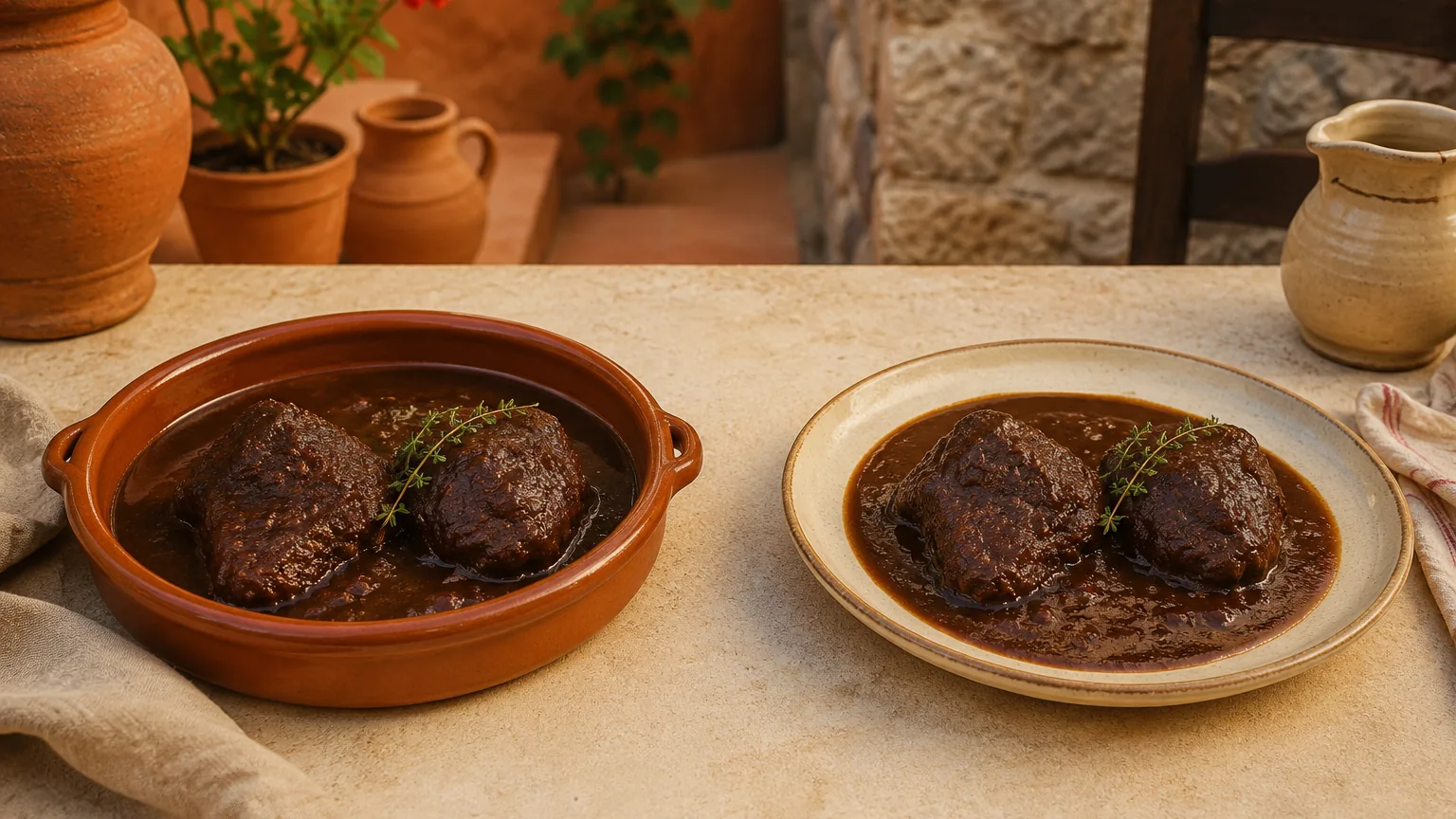 Cazuela de barro con carrilleras en salsa y un plato servido, sobre mesa de piedra en un patio andaluz