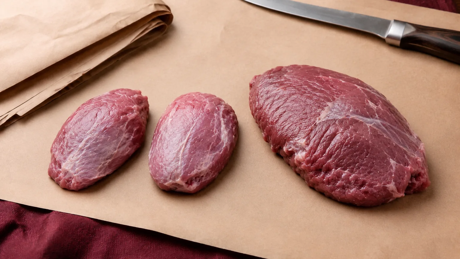Comparativa de tamaño sobre papel de carnicería: dos carrilleras pequeñas de cerdo junto a una grande de ternera