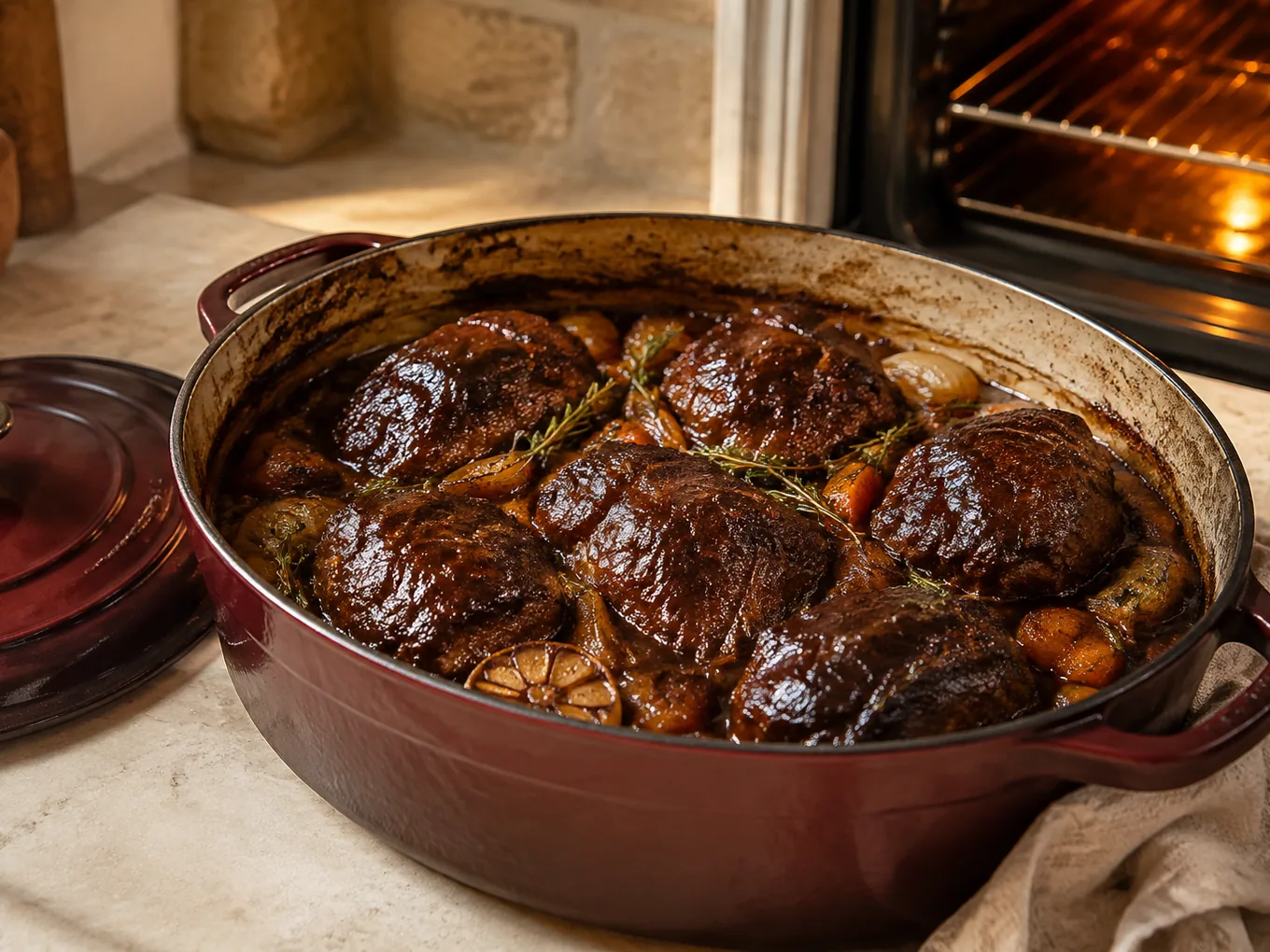 Cazuela de hierro con carrilleras lacadas al horno, doradas por arriba, con tomillo y ajo