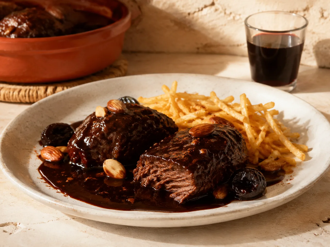 Dos carrilleras al Pedro Ximénez en salsa oscura con almendras y ciruelas pasas, servidas con patatas fritas