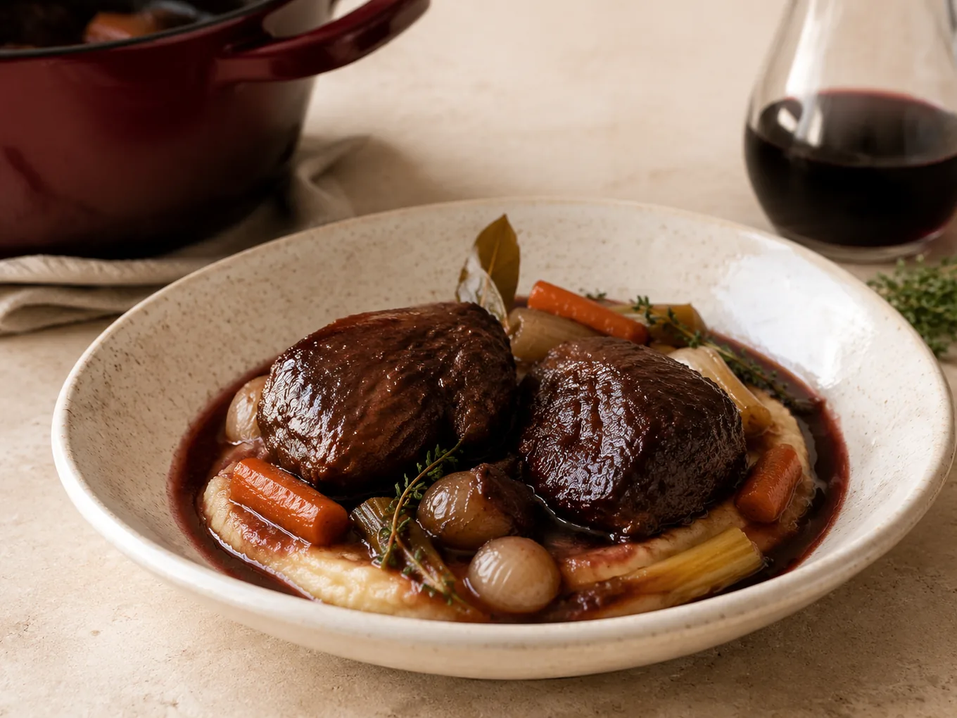 Dos carrilleras de cerdo al vino tinto sobre puré de patata, con zanahoria y cebollitas, en plato hondo