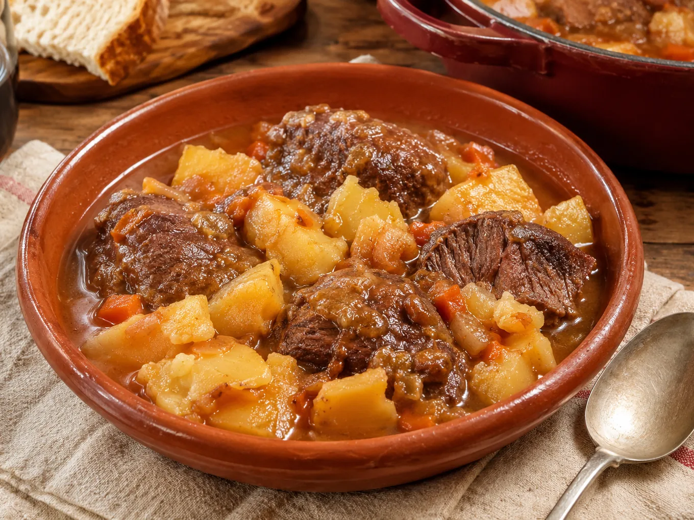 Cazuela de barro con guiso de carrilleras troceadas y patatas cascadas en caldo espeso, con pan y cuchara al lado