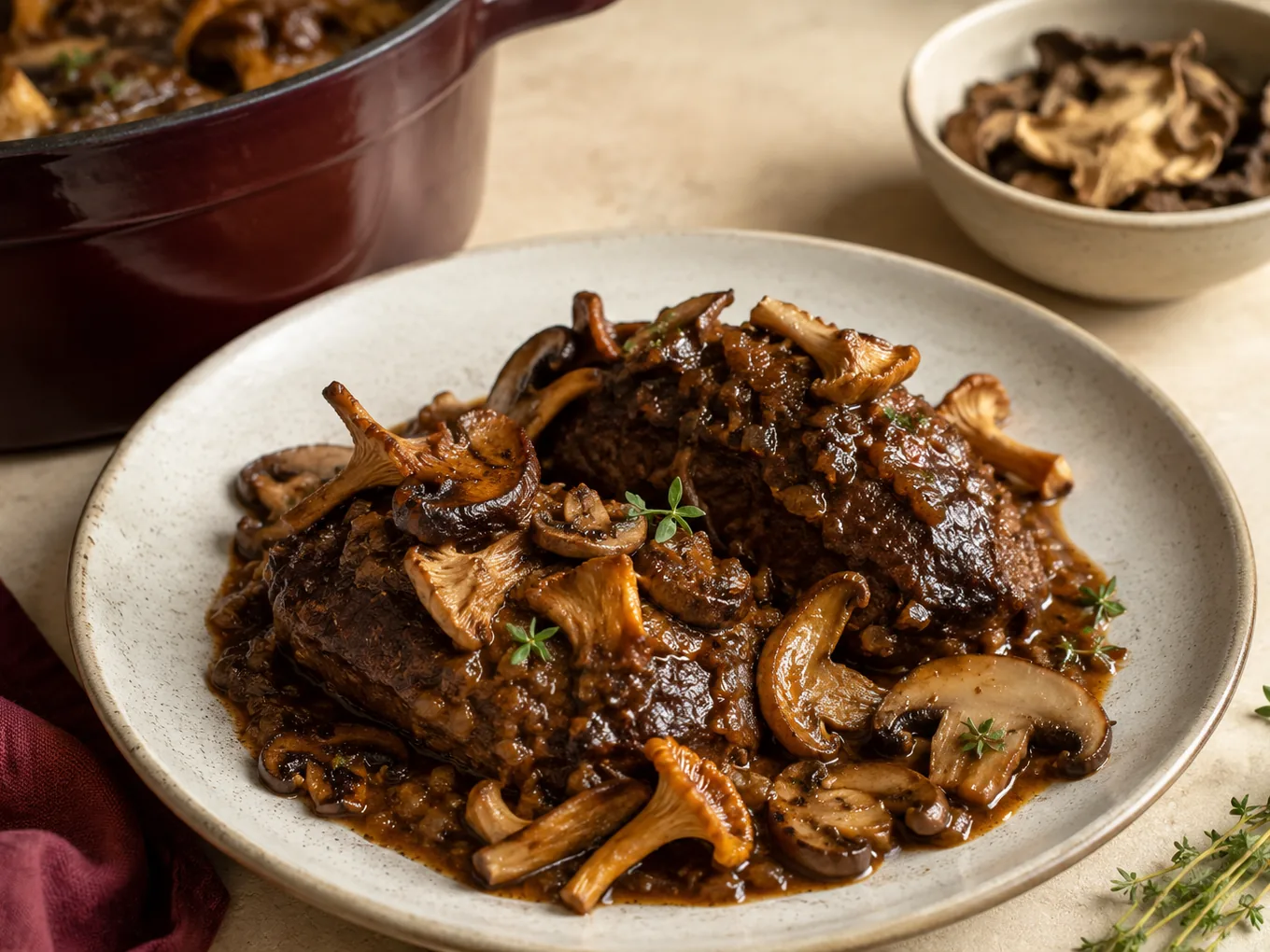 Carrilleras en salsa oscura con setas variadas salteadas por encima — rebozuelos, shiitake y champiñón portobello — y un cuenco de boletus secos al lado
