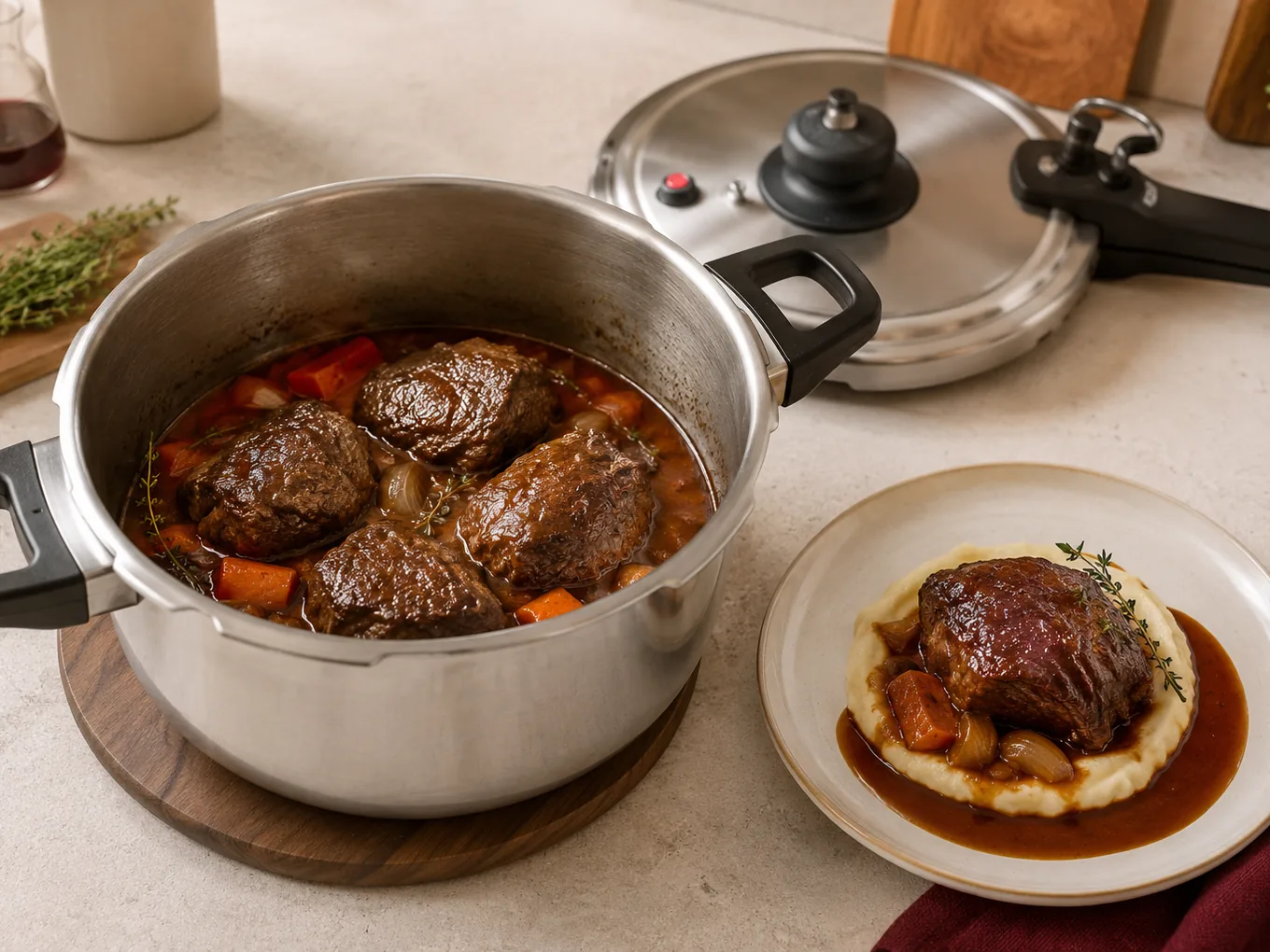 Carrilleras guisadas en olla express abierta, con zanahoria y tomillo, junto a un plato servido con puré