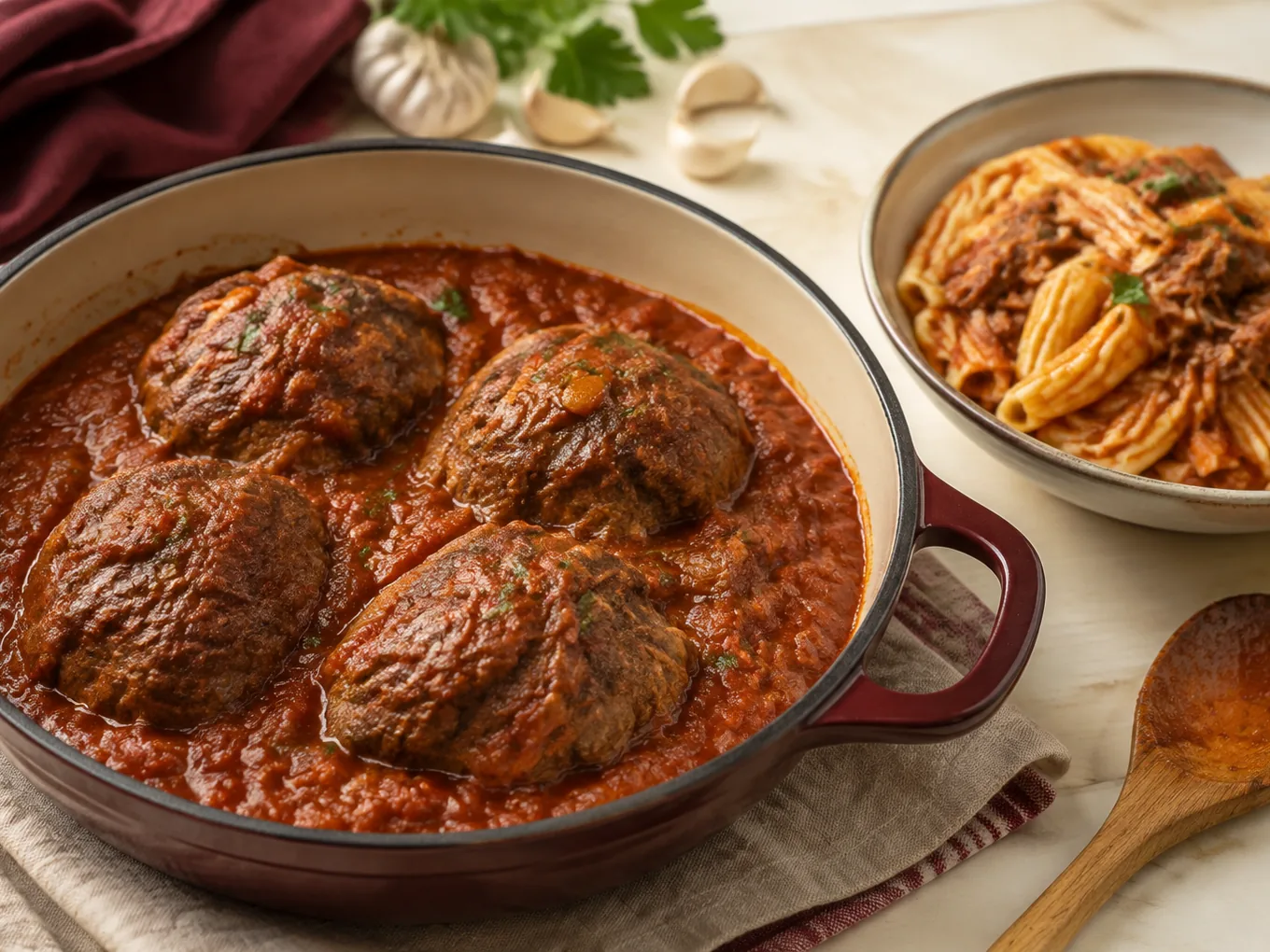 Cuatro carrilleras en salsa de tomate rústica dentro de una cazuela de hierro, y al lado un cuenco de pasta con la carne deshilachada