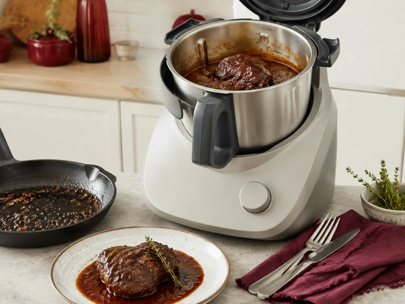 Carrillera guisada dentro del vaso de un robot de cocina, con la sartén del dorado al lado y un plato servido