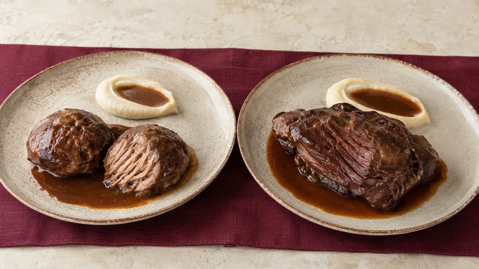 Dos platos servidos uno junto al otro: a la izquierda dos carrilleras de cerdo, a la derecha una sola de ternera, ambas con puré