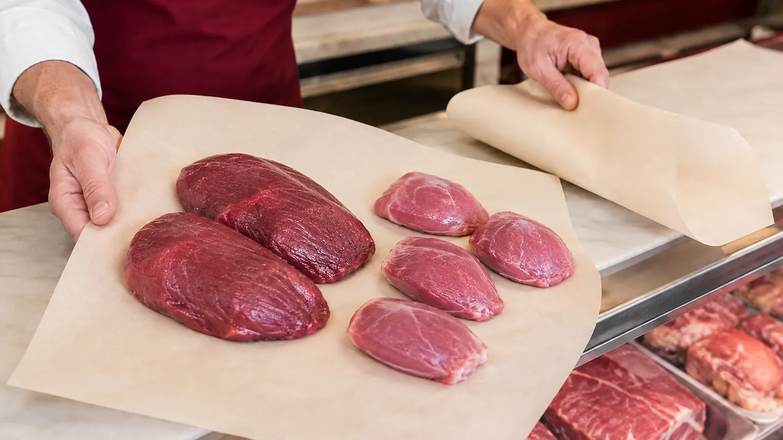 Un carnicero muestra sobre papel de estraza cuatro carrilleras grandes de ternera junto a cuatro pequeñas de cerdo, en el mostrador