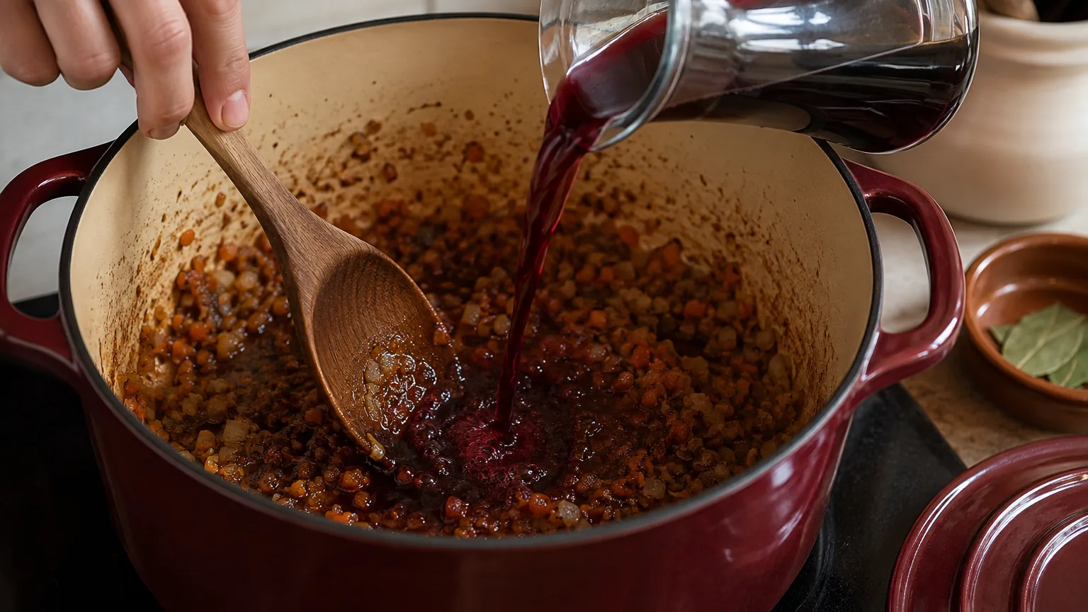Se vierte vino tinto sobre el sofrito dorado de una cazuela de hierro, raspando el fondo con una cuchara de madera