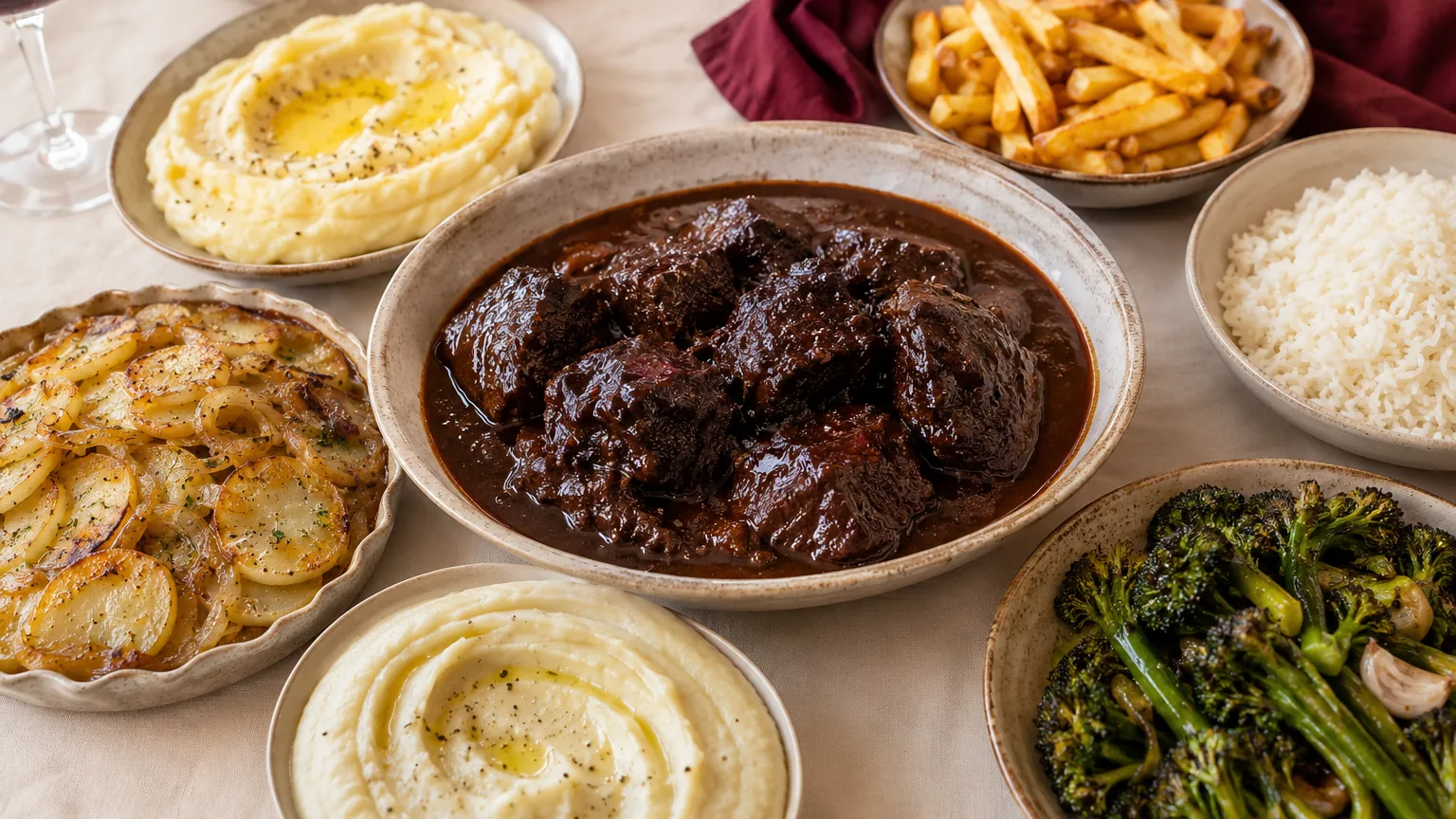 Fuente de carrilleras en salsa rodeada de guarniciones: puré de patata, parmentier, patatas panaderas, patatas fritas, arroz blanco y brócoli