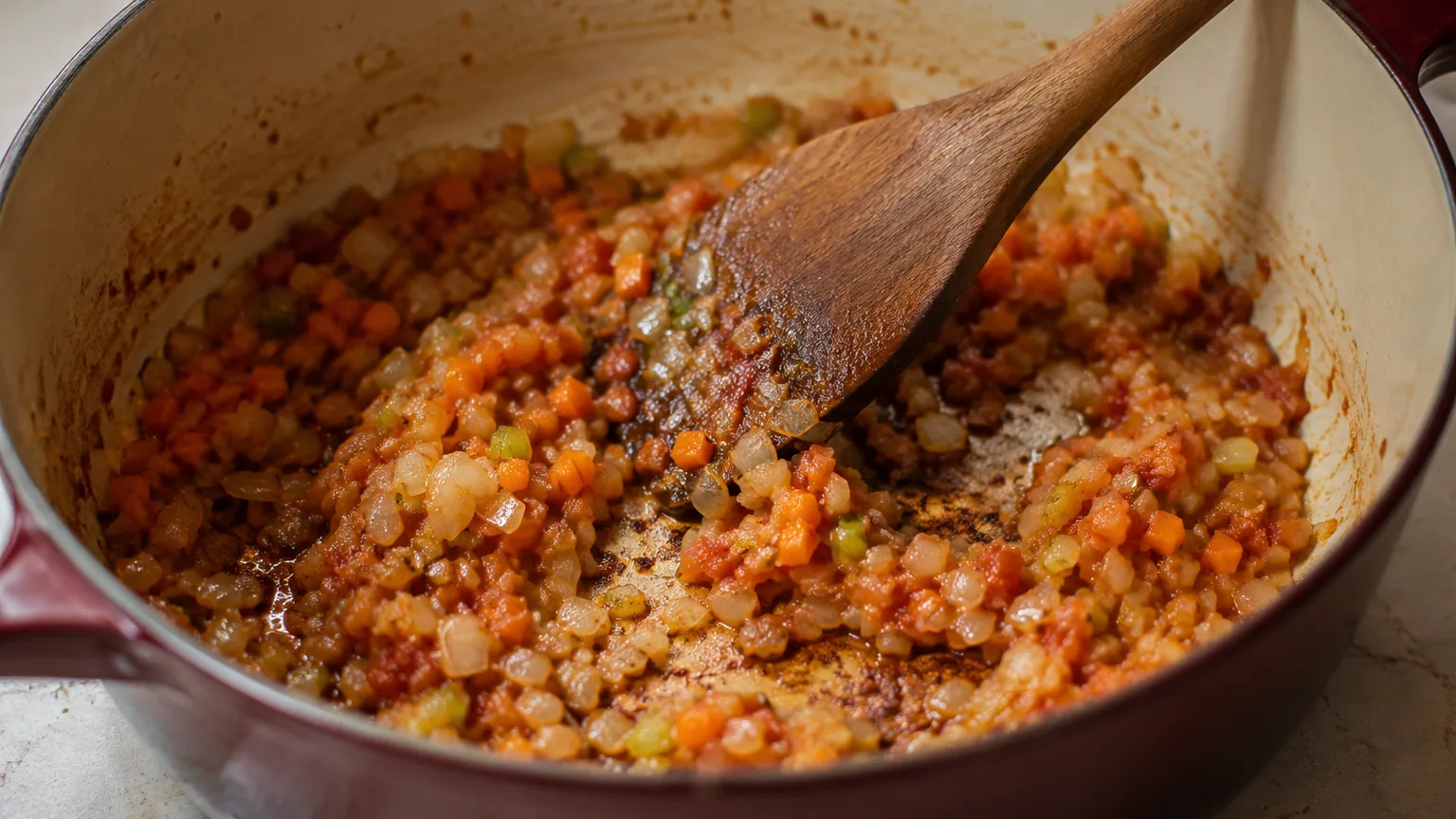 Sofrito de cebolla, zanahoria y apio en brunoise pochado en una cazuela de hierro, con el fondo tostado visible