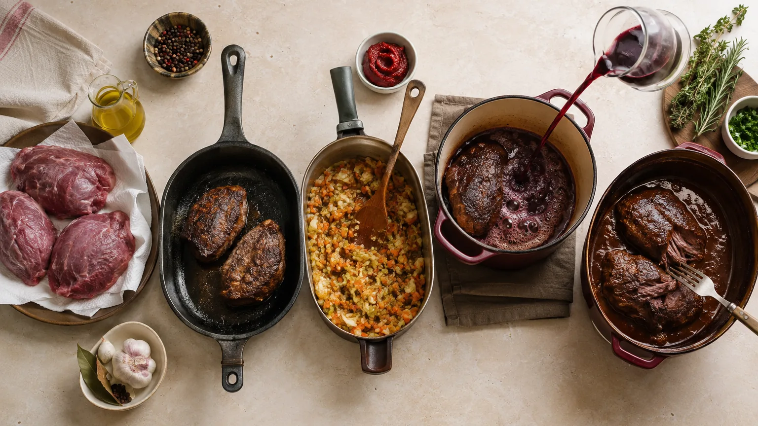 Los cinco pasos de la carrillera en orden: carne cruda limpia, dorado en sartén, sofrito de verduras, desglasado con vino tinto y la pieza terminada abriéndose con el tenedor